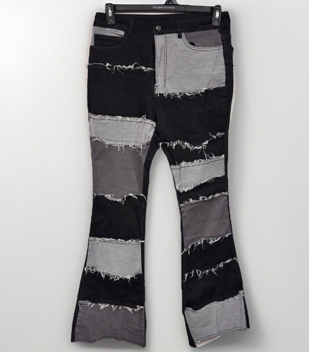 Y2K Patchwork Flare Jeans High Waist Bell Bottoms Size L Boho Retro Stretch